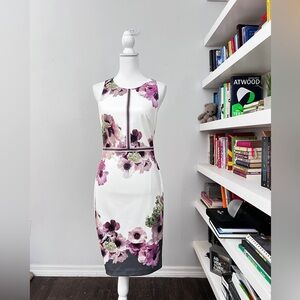 Ted Baker White/Grey Dress with Purple Floral by Ted Baker London Size 2 (US 4)